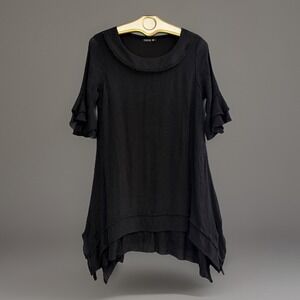 Womens Adorn Long Black Tunic Top Ruffle Trim Size L Boho Whimsigoth Fairycore